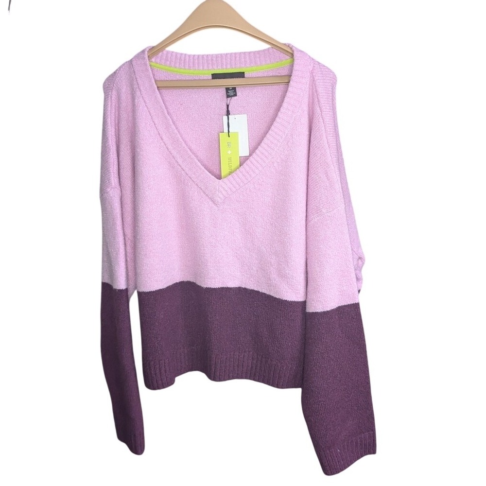 BP + Wildfang Color Block V-Neck Sweater Pink Purple 2X NWT